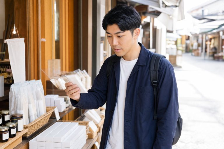地元の市場でお土産を選ぶ男性