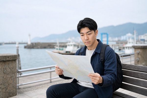 港のベンチで地図を広げる男性