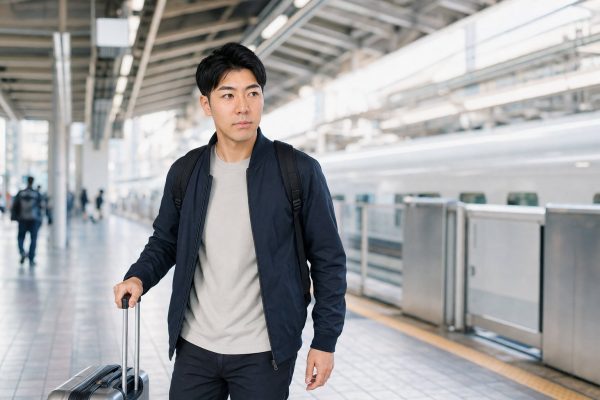 スーツケースを引いて乗り換えを急ぐ男性