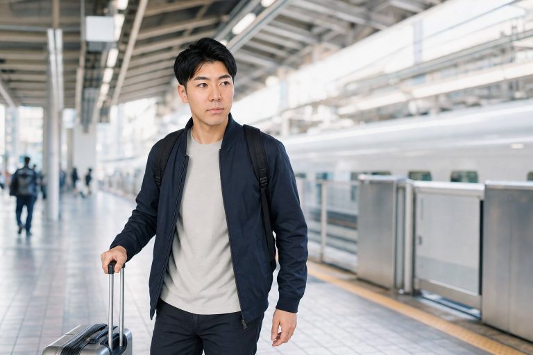 スーツケースを引いて乗り換えを急ぐ男性