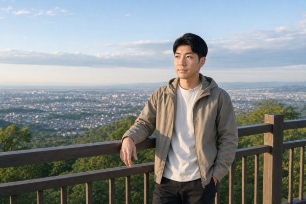 展望テラスで景色を楽しむ男性