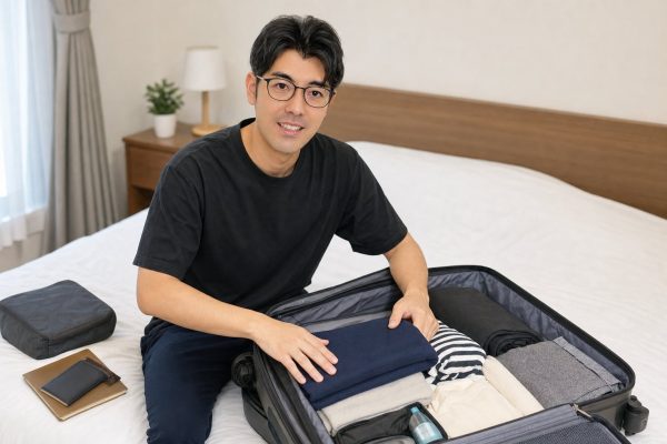 旅支度でスーツケースに荷物を詰める男性