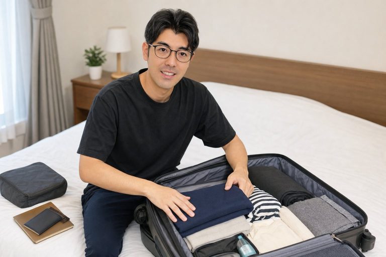 旅支度でスーツケースに荷物を詰める男性