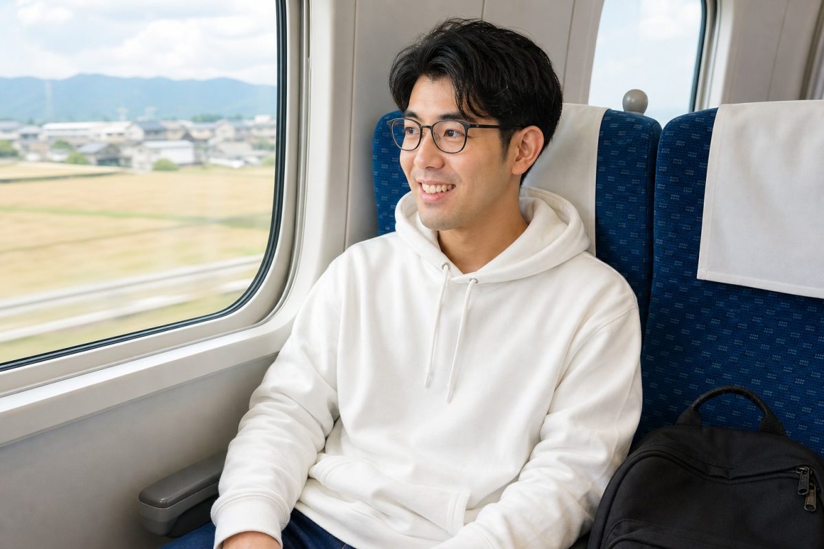 新幹線で移動する男性