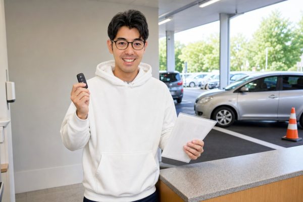 レンタカーで出発する男性