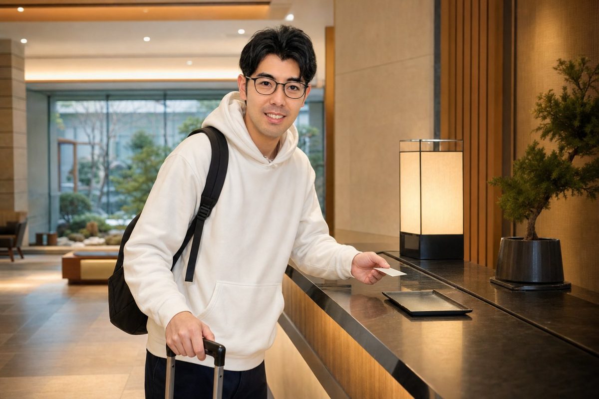 ホテルでチェックインする男性