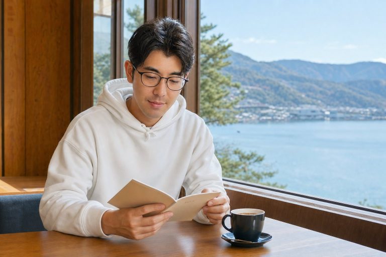 旅先のカフェでくつろぐ男性