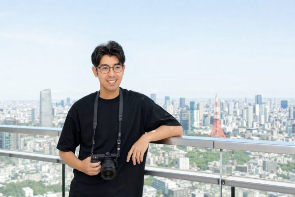 展望デッキで景色を眺める男性