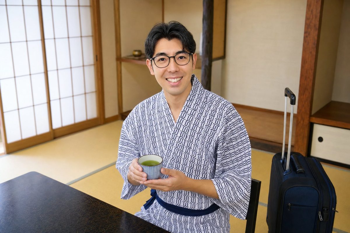 旅館で浴衣姿でくつろぐ男性