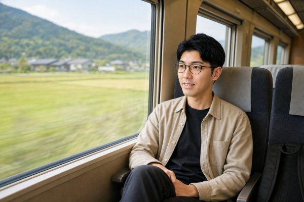 車窓を眺めるメガネの男性