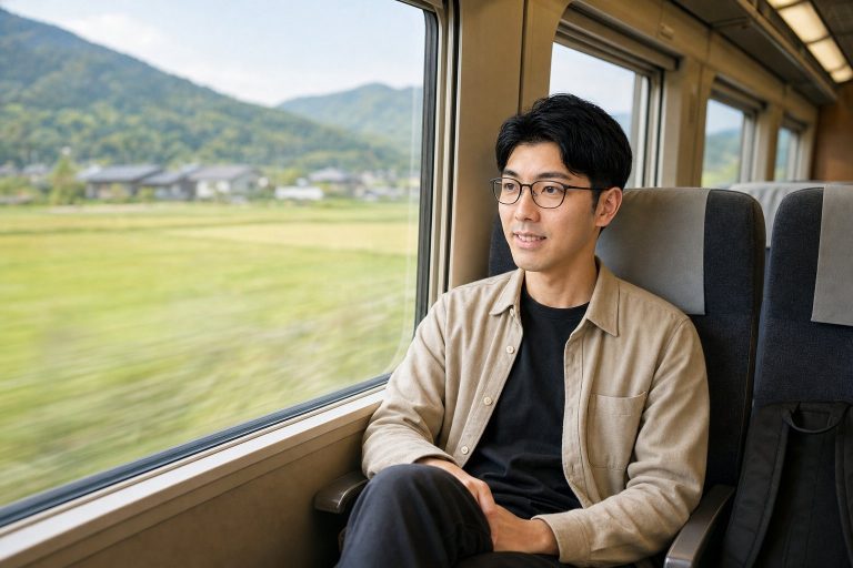 車窓を眺めるメガネの男性