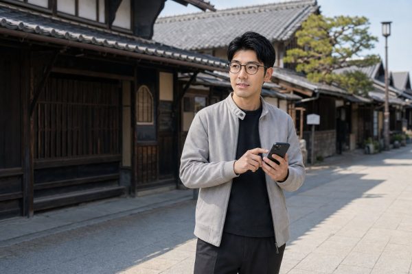 地図で観光ルートを確かめるメガネの男性