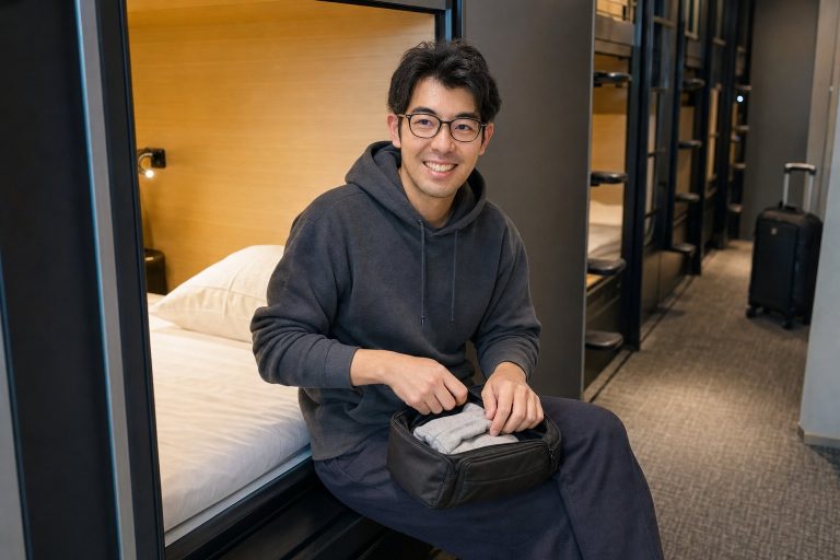 カプセルホテルで休む男性