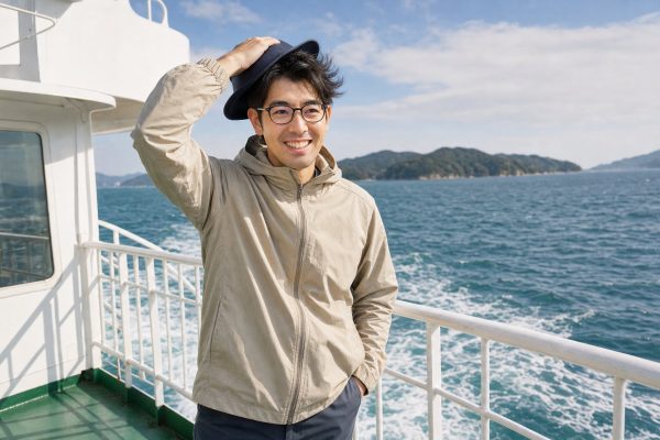 フェリーの風に吹かれる男性