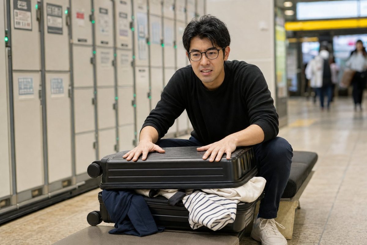 駅のロッカーで荷物を詰め直す男性