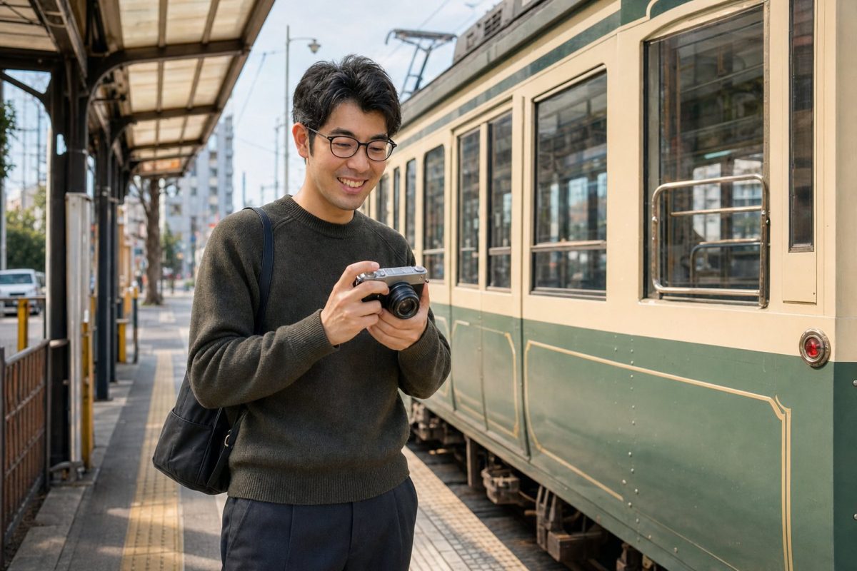 レトロな路面電車を撮影する男性