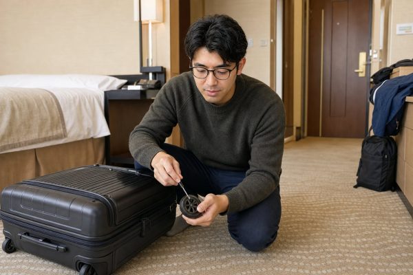 スーツケースの車輪を直す男性