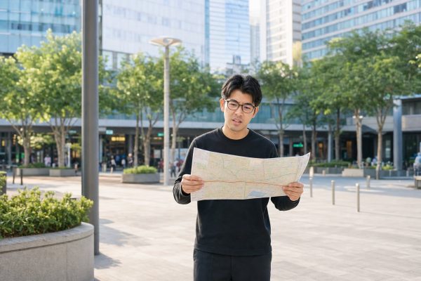 街中で地図を確かめる男性